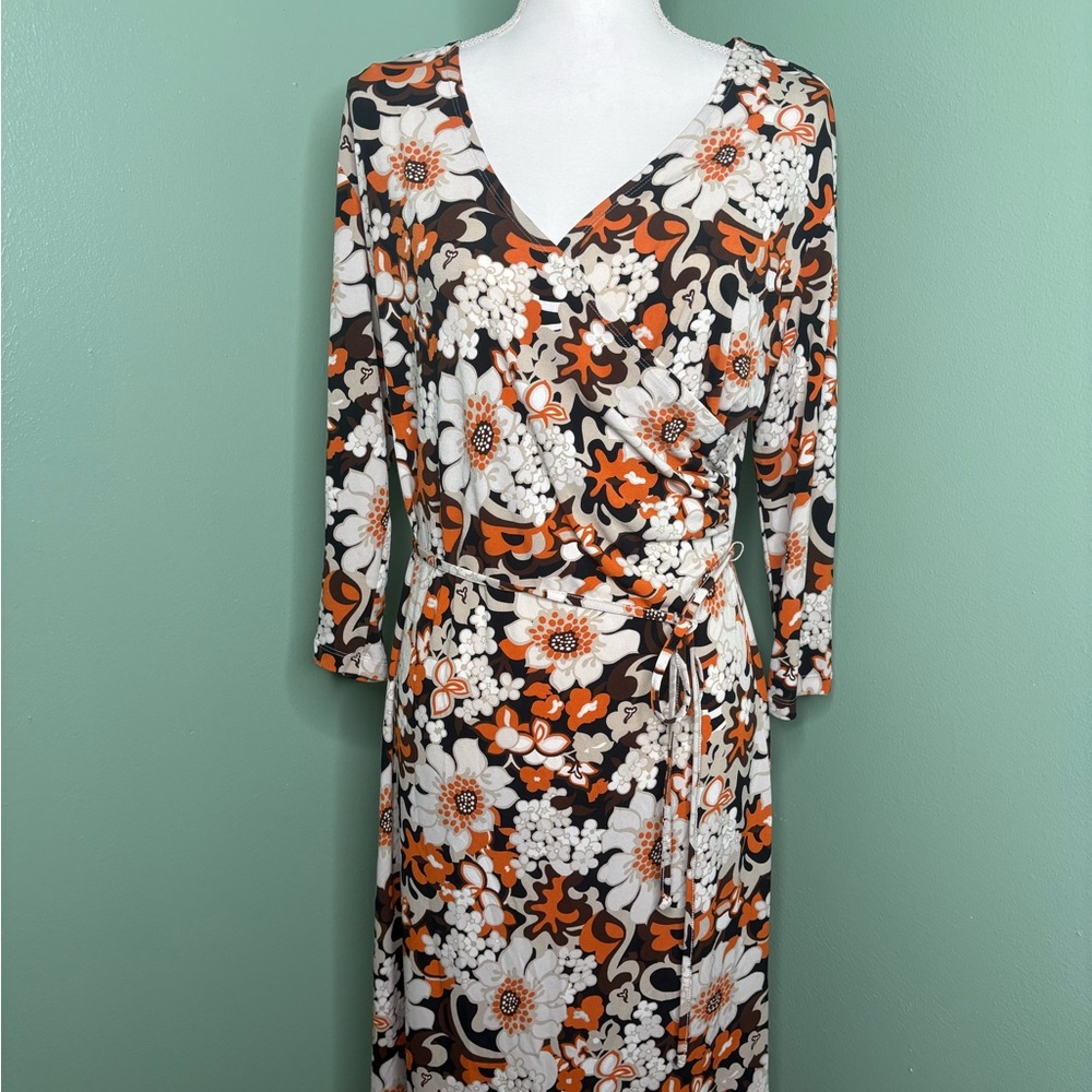 Courtenay Long Sleeve Dress with Floral Pattern in Black, White, and Orange